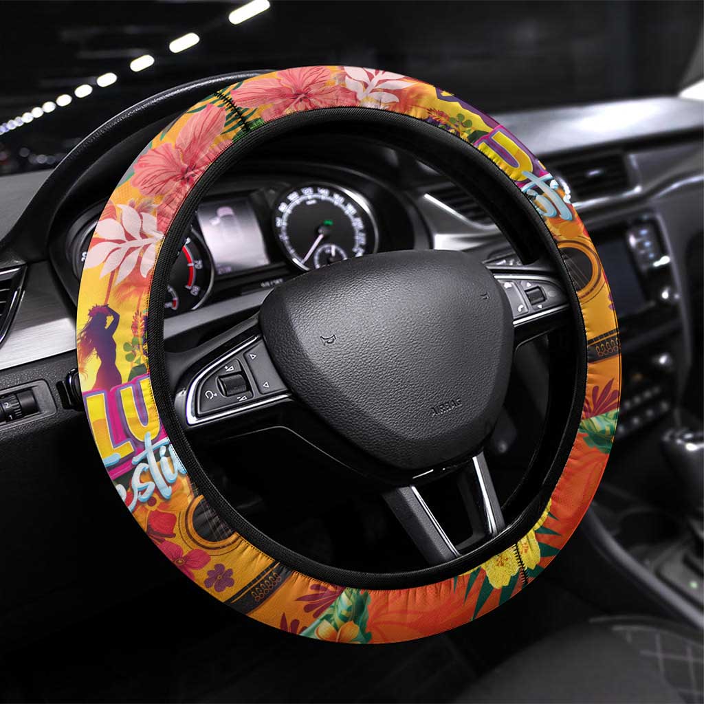 Hawaiian Honolulu Festival Steering Wheel Cover Hawaiian Identity - Hula Dancer and Ukulele Tropical Plants Style