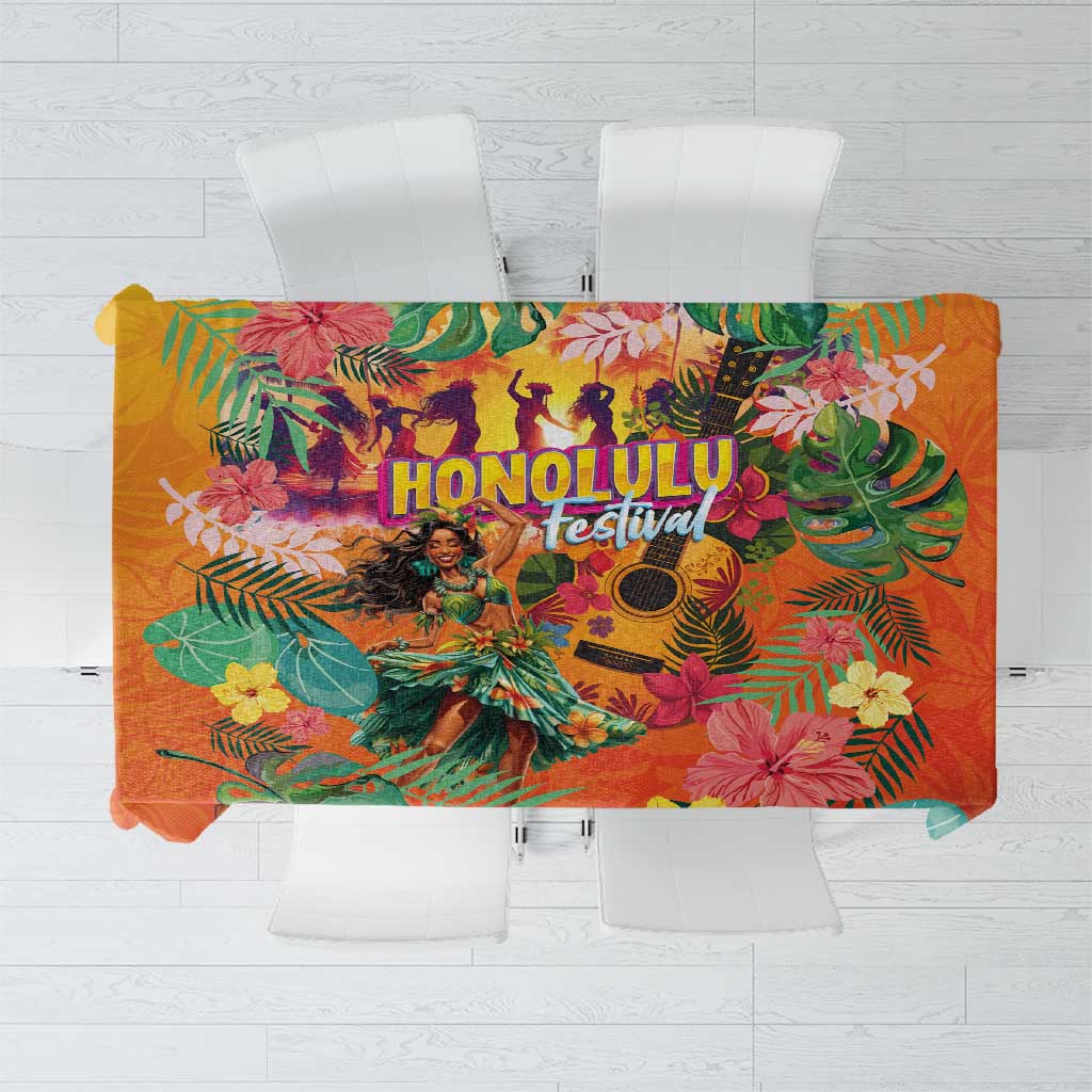 Hawaiian Honolulu Festival Tablecloth Hawaiian Identity - Hula Dancer and Ukulele Tropical Plants Style