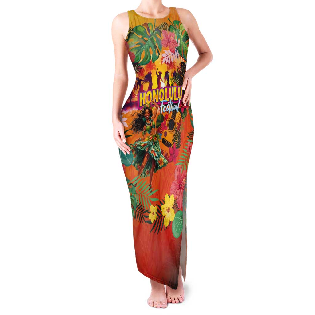 Hawaiian Honolulu Festival Tank Maxi Dress Hawaiian Identity - Hula Dancer and Ukulele Tropical Plants Style