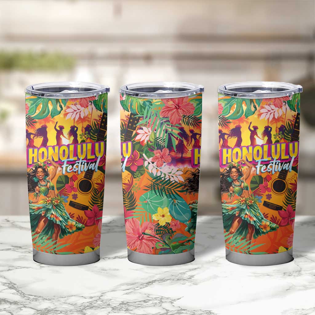 Hawaiian Honolulu Festival Tumbler Cup Hawaiian Identity - Hula Dancer and Ukulele Tropical Plants Style