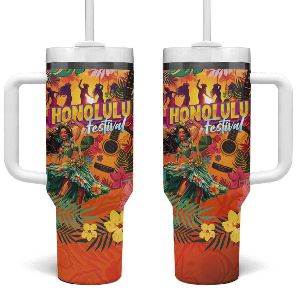 Hawaiian Honolulu Festival Tumbler With Handle Hawaiian Identity - Hula Dancer and Ukulele Tropical Plants Style