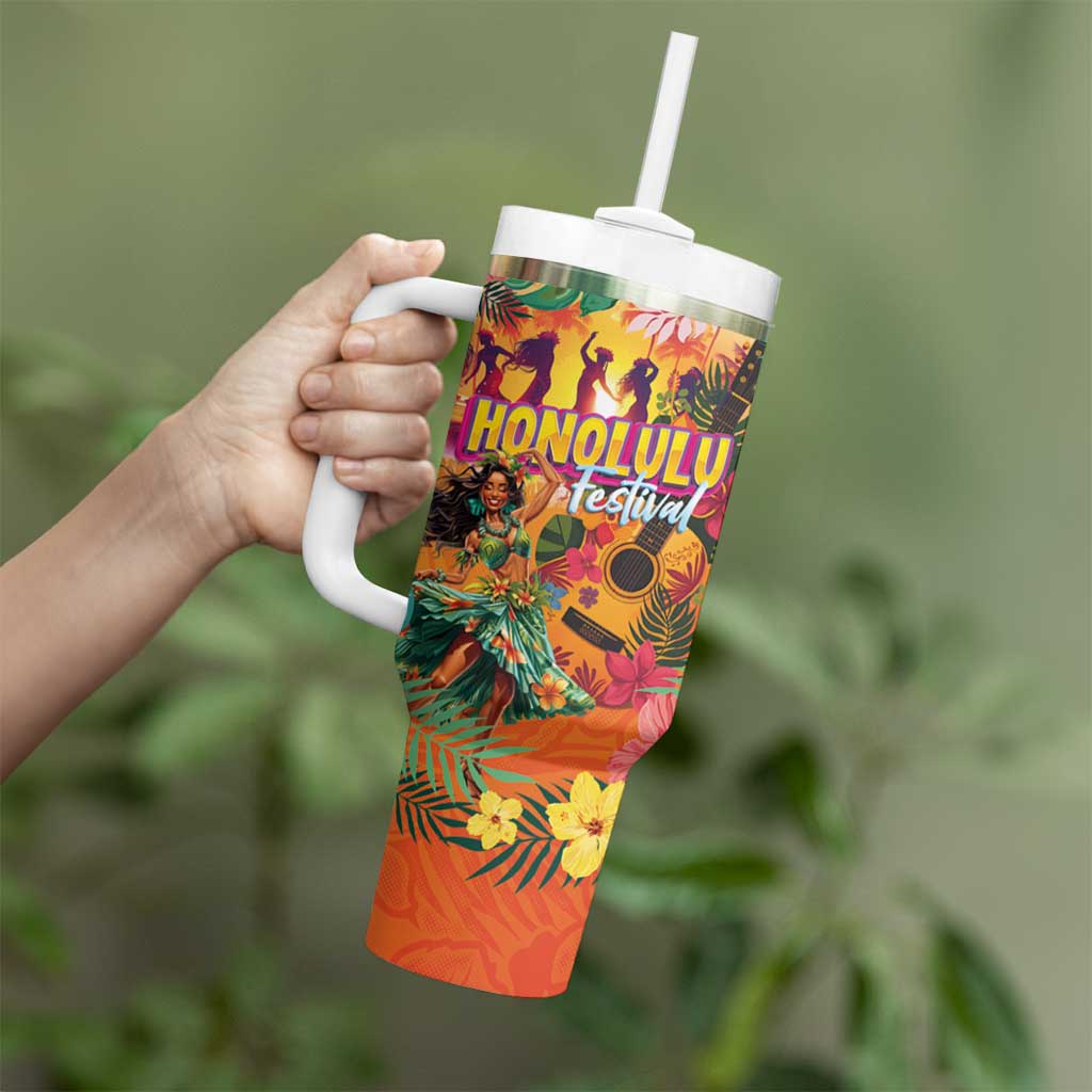 Hawaiian Honolulu Festival Tumbler With Handle Hawaiian Identity - Hula Dancer and Ukulele Tropical Plants Style