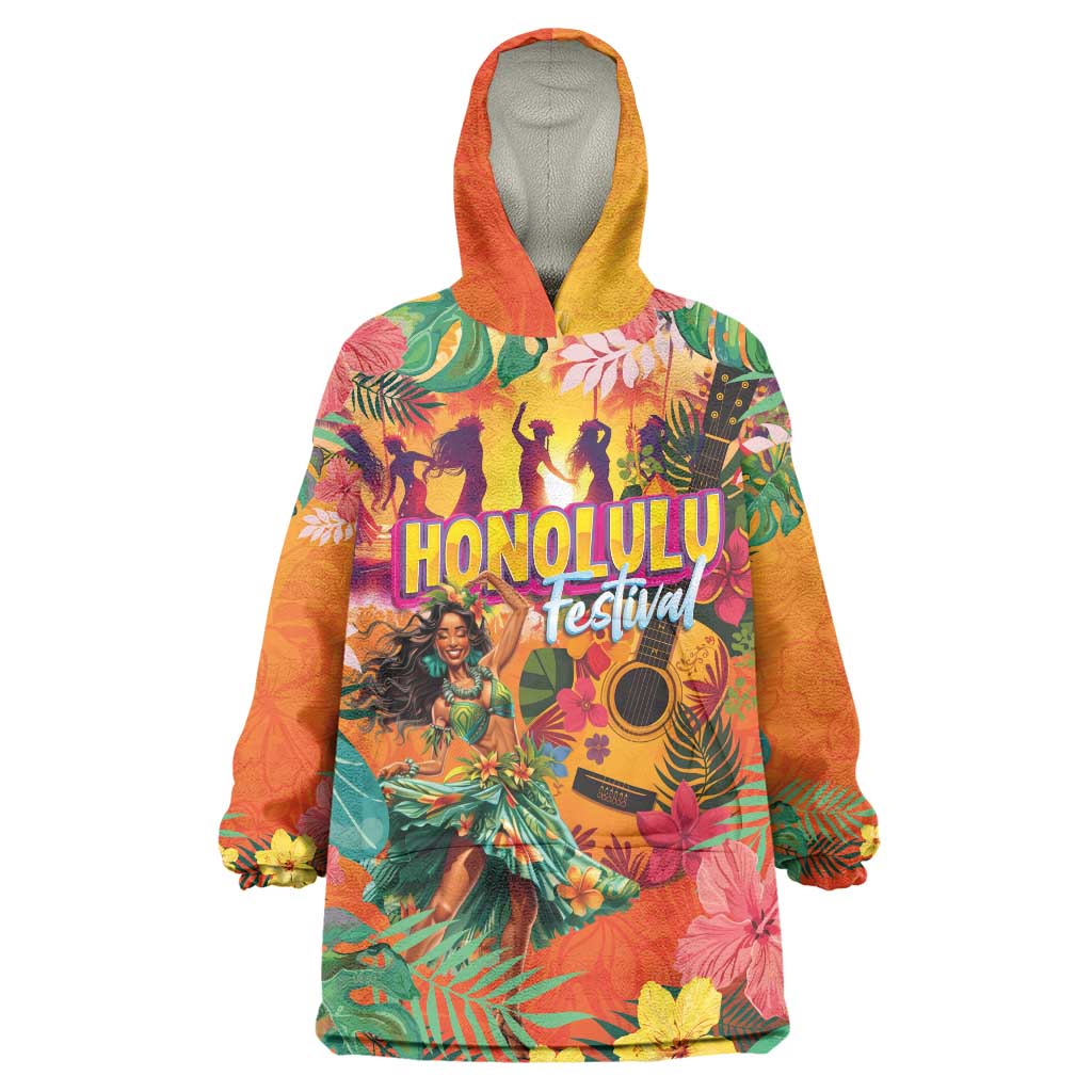 Hawaiian Honolulu Festival Wearable Blanket Hoodie Hawaiian Identity - Hula Dancer and Ukulele Tropical Plants Style