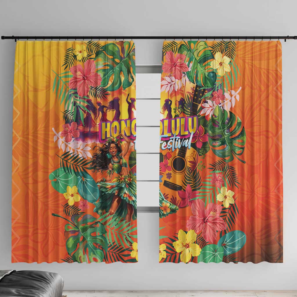 Hawaiian Honolulu Festival Window Curtain Hawaiian Identity - Hula Dancer and Ukulele Tropical Plants Style