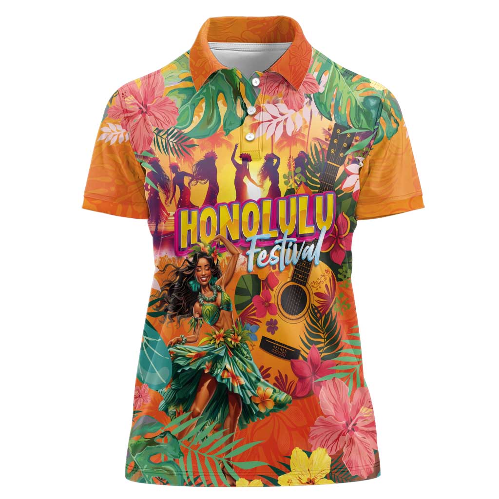 Hawaiian Honolulu Festival Women Polo Shirt Hawaiian Identity - Hula Dancer and Ukulele Tropical Plants Style