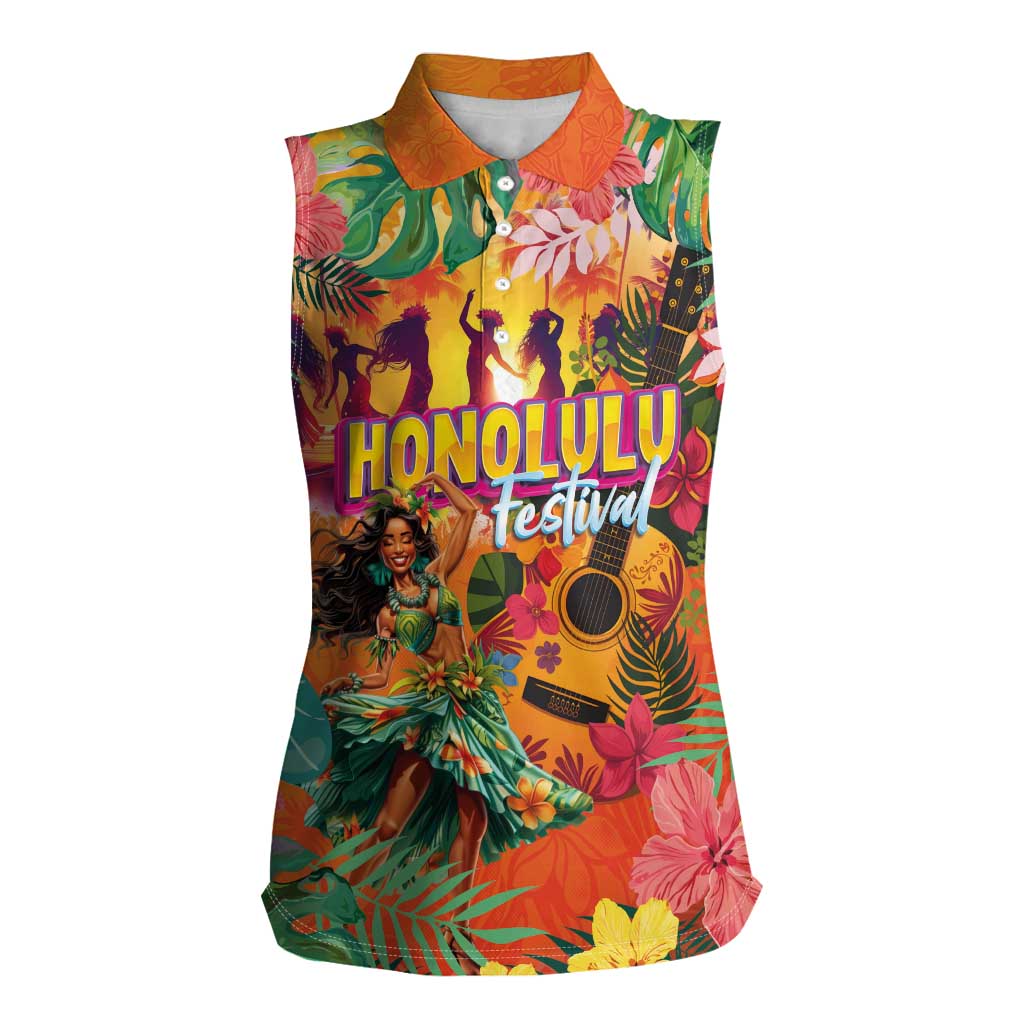 Hawaiian Honolulu Festival Women Sleeveless Polo Shirt Hawaiian Identity - Hula Dancer and Ukulele Tropical Plants Style