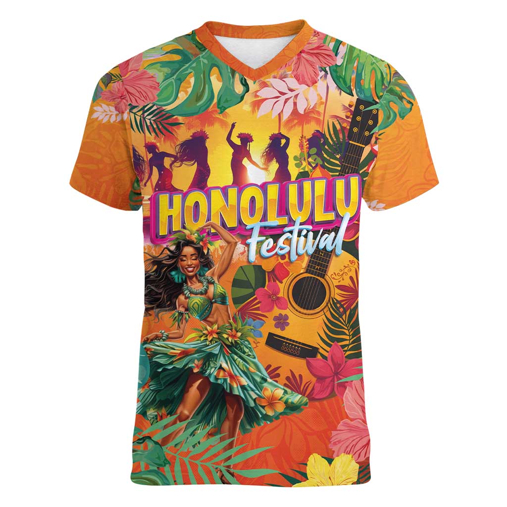 Hawaiian Honolulu Festival Women V-Neck T-Shirt Hawaiian Identity - Hula Dancer and Ukulele Tropical Plants Style