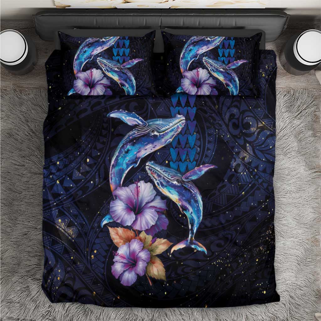 Hawaiian Whales Love Couple Bedding Set Hibiscus and Kakau Art Tattoo Night Sky Vibe