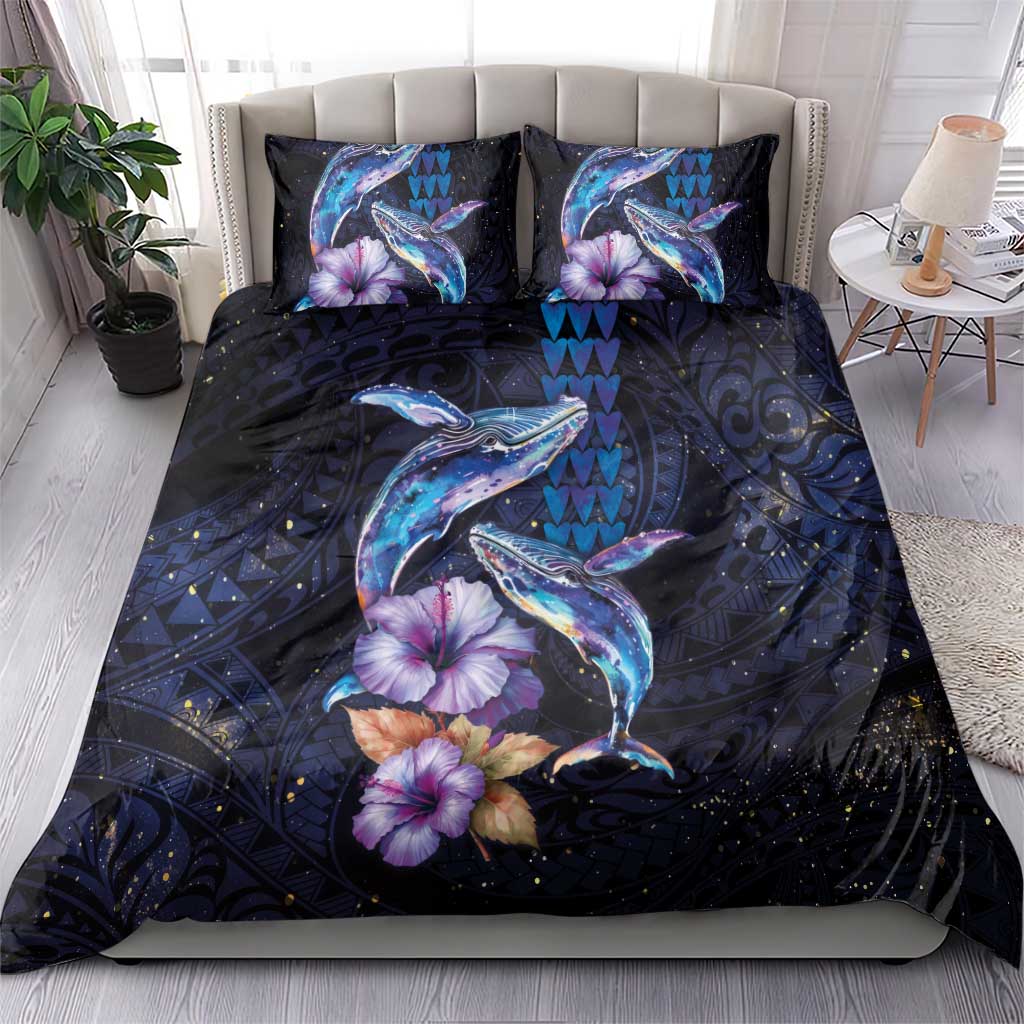 Hawaiian Whales Love Couple Bedding Set Hibiscus and Kakau Art Tattoo Night Sky Vibe