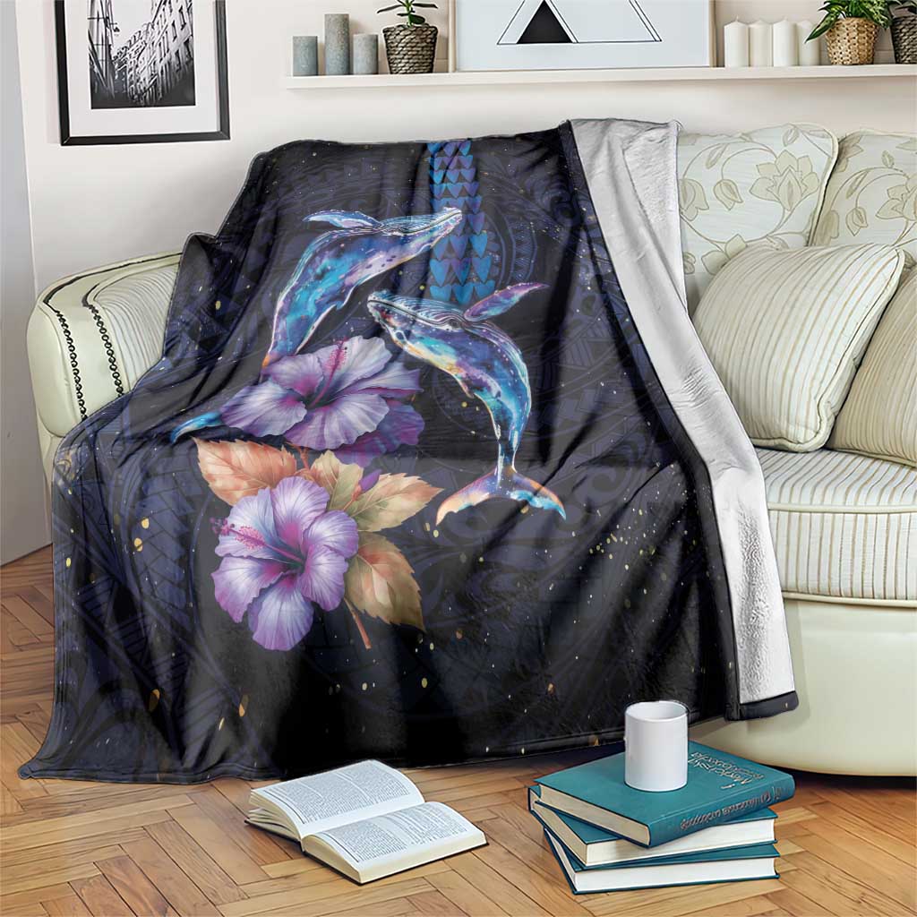 Hawaiian Whales Love Couple Blanket Hibiscus and Kakau Art Tattoo Night Sky Vibe