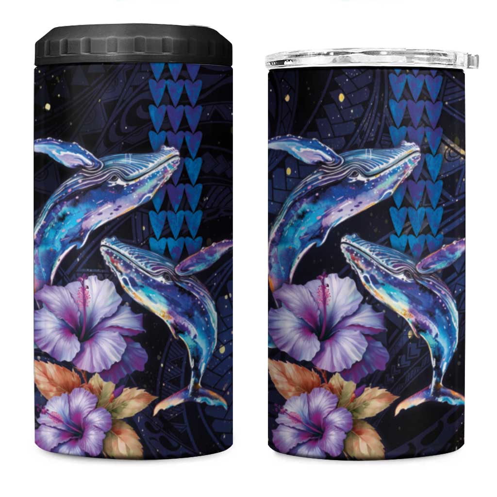 Hawaiian Whales Love Couple 4 in 1 Can Cooler Tumbler Hibiscus and Kakau Art Tattoo Night Sky Vibe