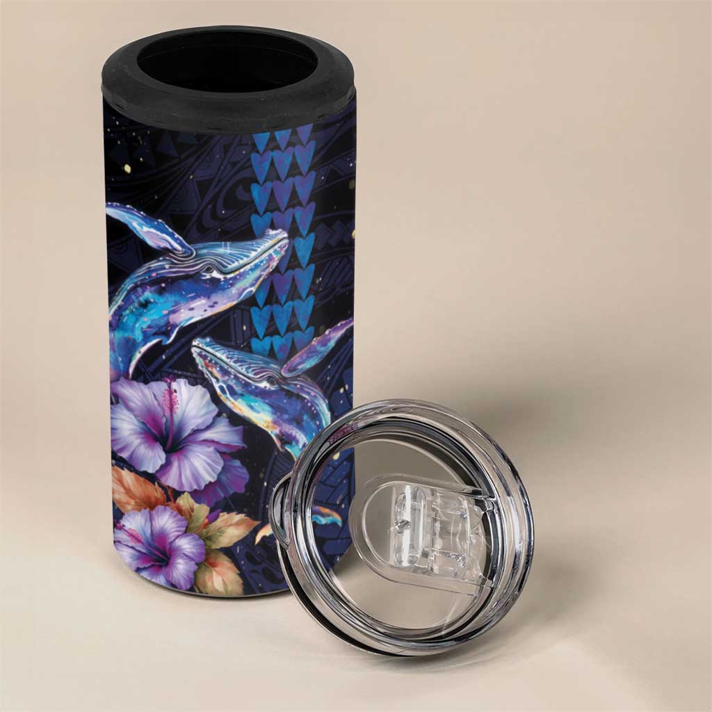 Hawaiian Whales Love Couple 4 in 1 Can Cooler Tumbler Hibiscus and Kakau Art Tattoo Night Sky Vibe
