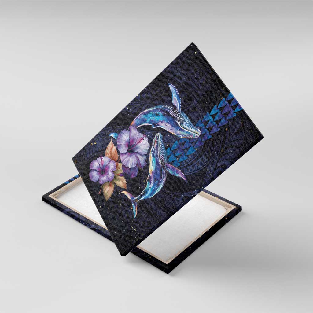 Hawaiian Whales Love Couple Canvas Wall Art Hibiscus and Kakau Art Tattoo Night Sky Vibe LT03 With Frame Navy - Polynesian Pride