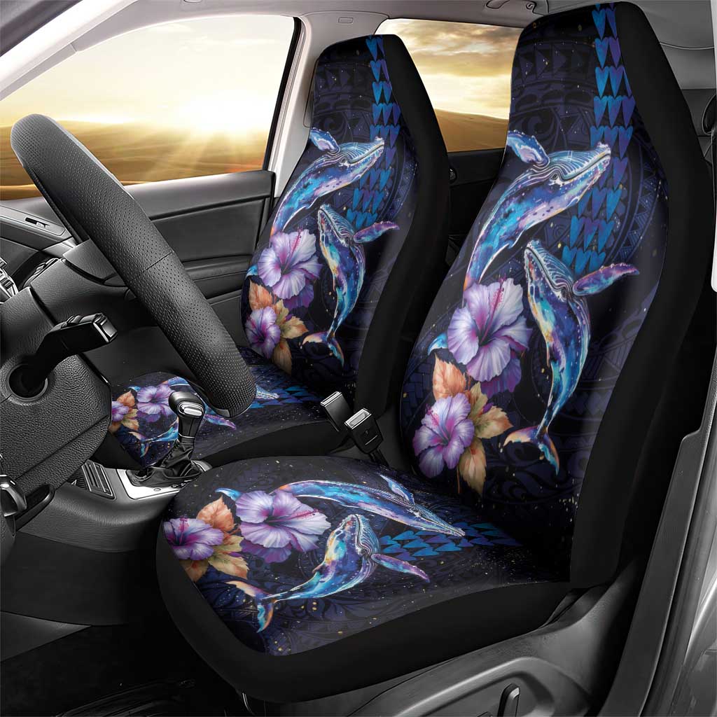 Hawaiian Whales Love Couple Car Seat Cover Hibiscus and Kakau Art Tattoo Night Sky Vibe