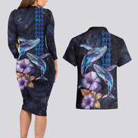 Hawaiian Whales Love Couple Couples Matching Long Sleeve Bodycon Dress and Hawaiian Shirt Hibiscus and Kakau Art Tattoo Night Sky Vibe