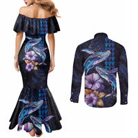 Hawaiian Whales Love Couple Couples Matching Mermaid Dress and Long Sleeve Button Shirt Hibiscus and Kakau Art Tattoo Night Sky Vibe