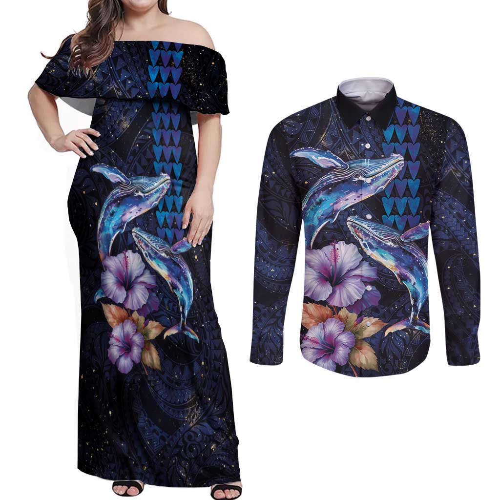 Hawaiian Whales Love Couple Couples Matching Off Shoulder Maxi Dress and Long Sleeve Button Shirt Hibiscus and Kakau Art Tattoo Night Sky Vibe