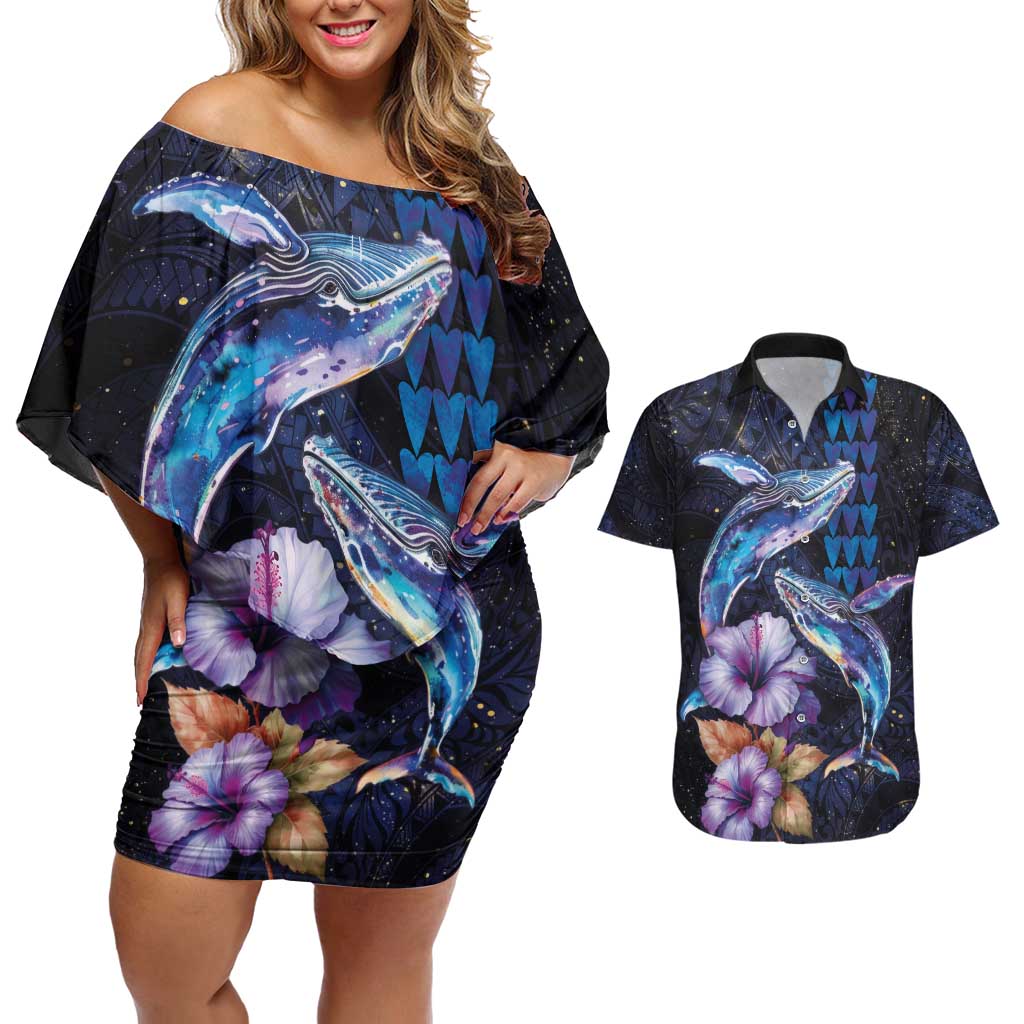 Hawaiian Whales Love Couple Couples Matching Off Shoulder Short Dress and Hawaiian Shirt Hibiscus and Kakau Art Tattoo Night Sky Vibe