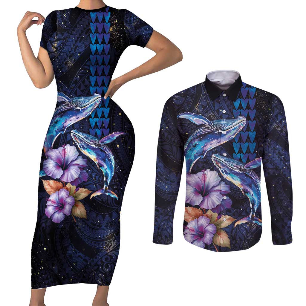 Hawaiian Whales Love Couple Couples Matching Short Sleeve Bodycon Dress and Long Sleeve Button Shirt Hibiscus and Kakau Art Tattoo Night Sky Vibe