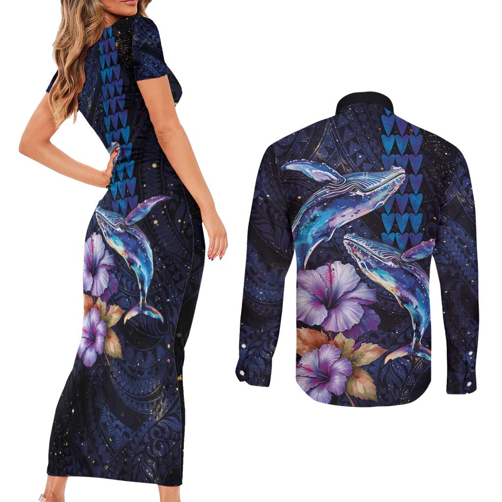 Hawaiian Whales Love Couple Couples Matching Short Sleeve Bodycon Dress and Long Sleeve Button Shirt Hibiscus and Kakau Art Tattoo Night Sky Vibe
