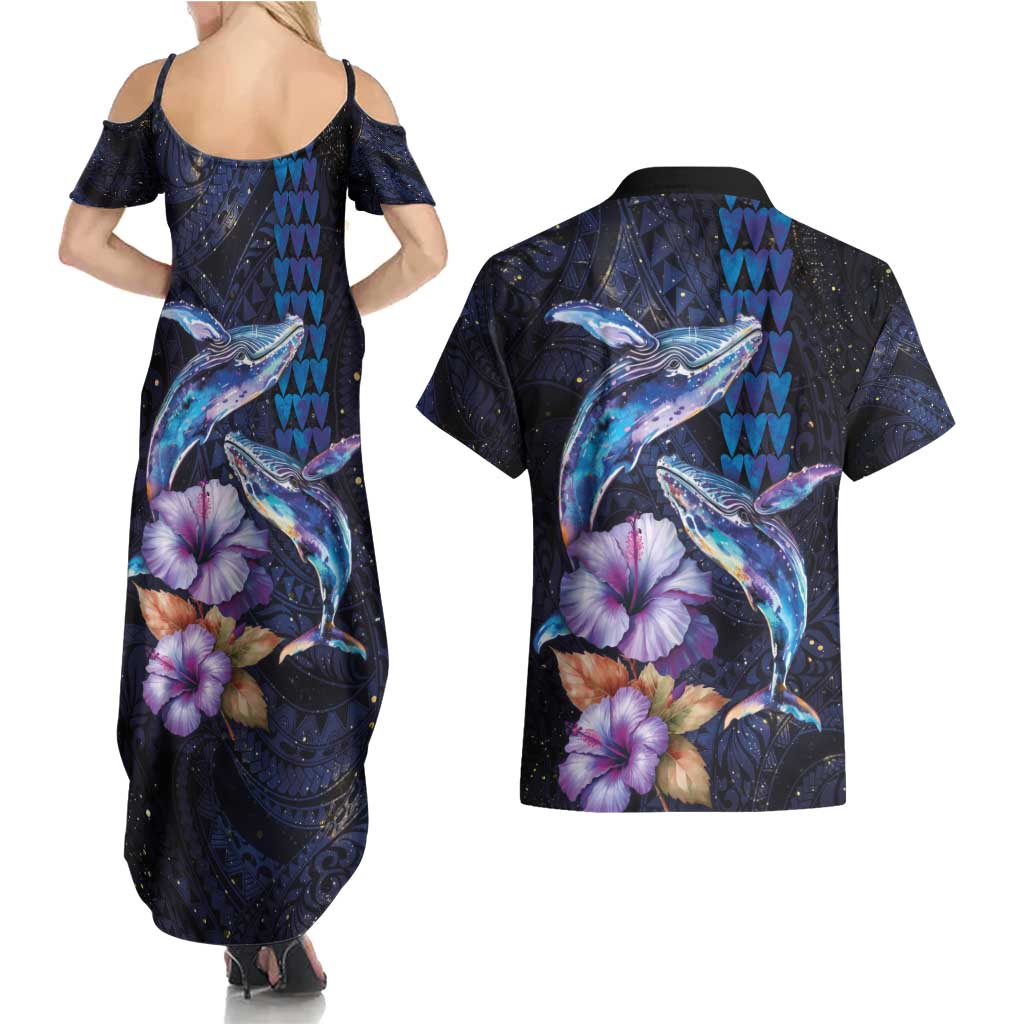 Hawaiian Whales Love Couple Couples Matching Summer Maxi Dress and Hawaiian Shirt Hibiscus and Kakau Art Tattoo Night Sky Vibe