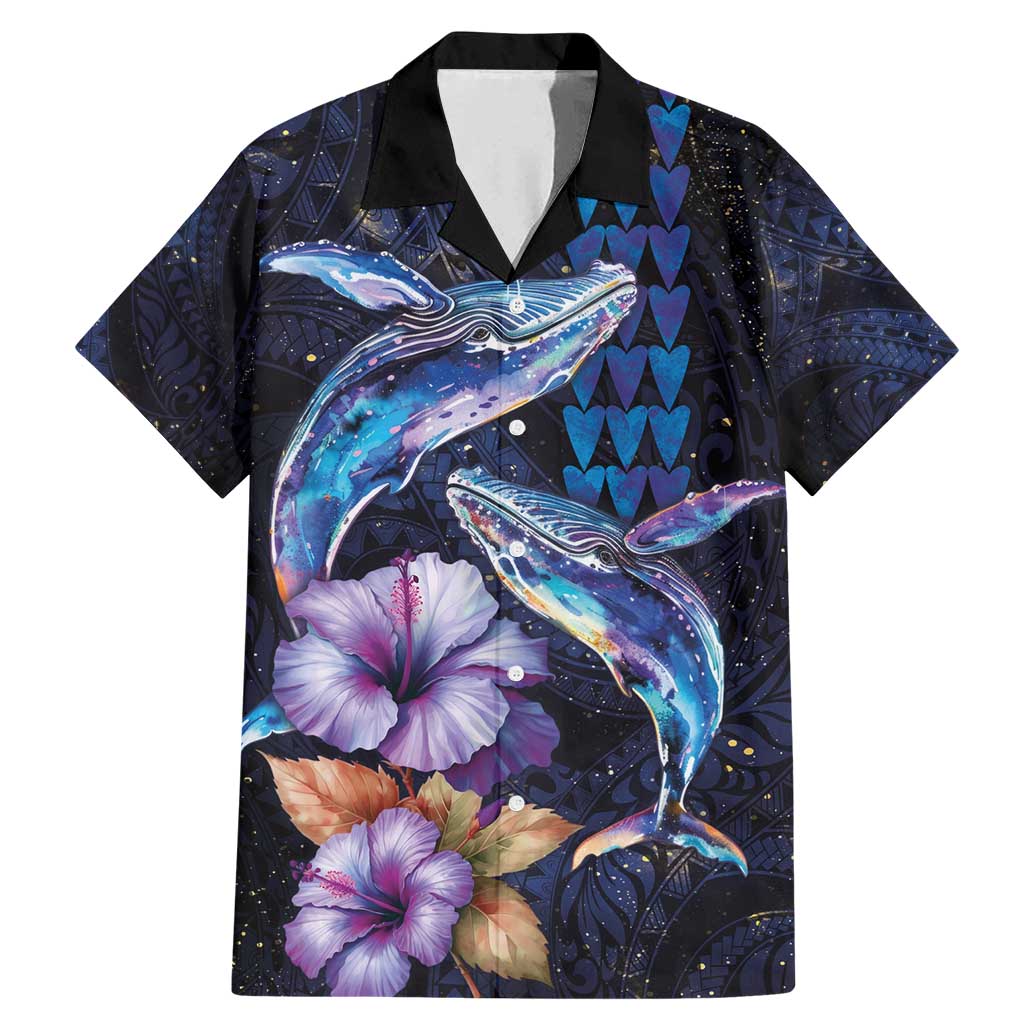 Hawaiian Whales Love Couple Family Matching Mermaid Dress and Hawaiian Shirt Hibiscus and Kakau Art Tattoo Night Sky Vibe