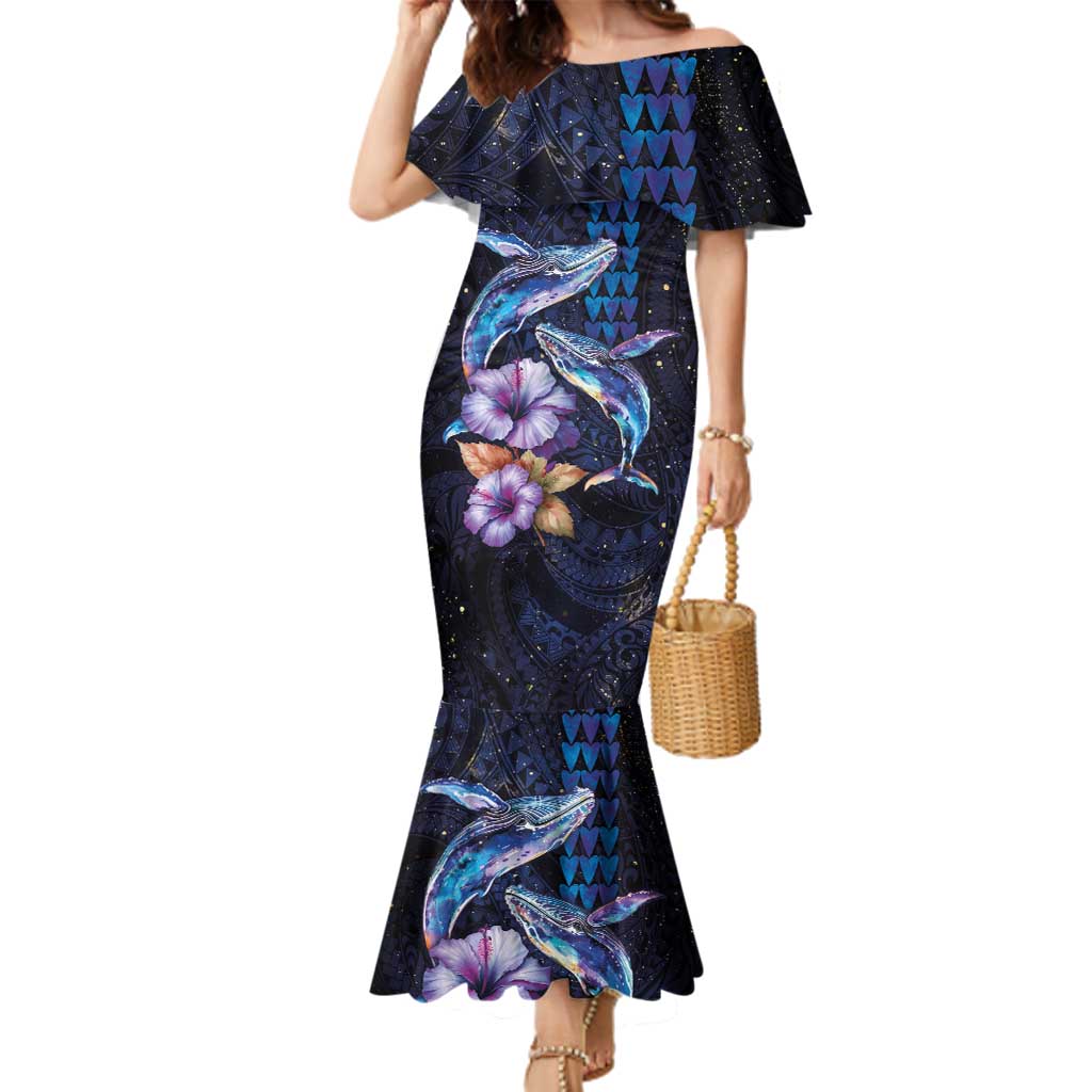Hawaiian Whales Love Couple Family Matching Mermaid Dress and Hawaiian Shirt Hibiscus and Kakau Art Tattoo Night Sky Vibe