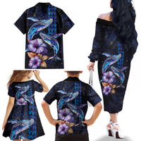 Hawaiian Whales Love Couple Family Matching Off The Shoulder Long Sleeve Dress and Hawaiian Shirt Hibiscus and Kakau Art Tattoo Night Sky Vibe