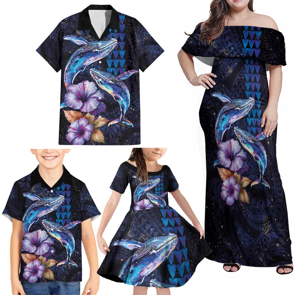 Hawaiian Whales Love Couple Family Matching Off Shoulder Maxi Dress and Hawaiian Shirt Hibiscus and Kakau Art Tattoo Night Sky Vibe