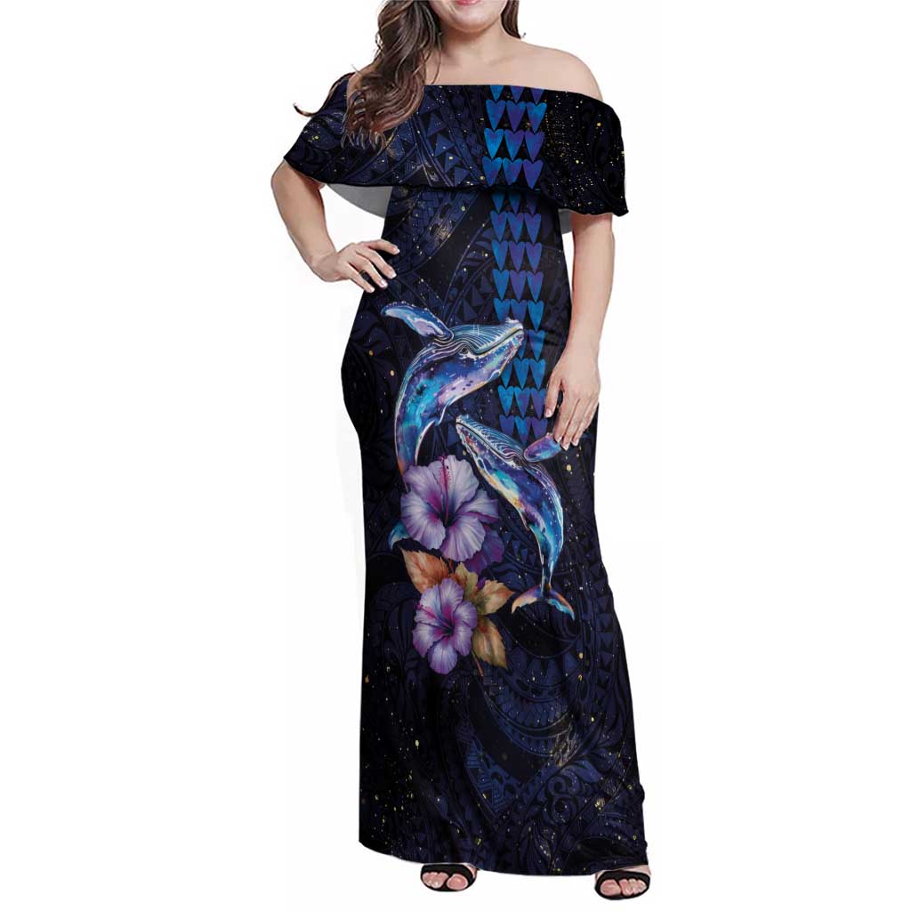 Hawaiian Whales Love Couple Family Matching Off Shoulder Maxi Dress and Hawaiian Shirt Hibiscus and Kakau Art Tattoo Night Sky Vibe