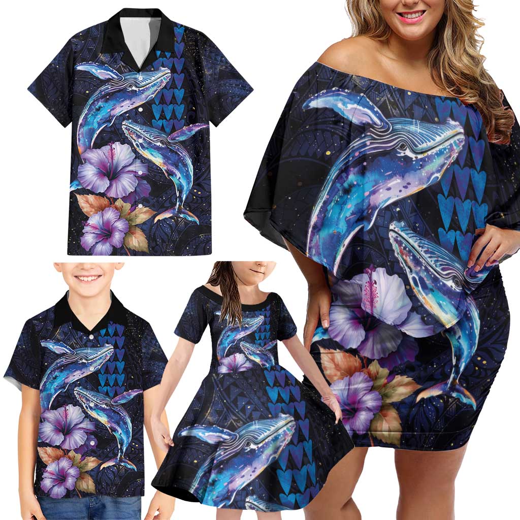 Hawaiian Whales Love Couple Family Matching Off Shoulder Short Dress and Hawaiian Shirt Hibiscus and Kakau Art Tattoo Night Sky Vibe