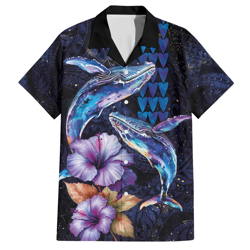 Hawaiian Whales Love Couple Family Matching Puletasi and Hawaiian Shirt Hibiscus and Kakau Art Tattoo Night Sky Vibe