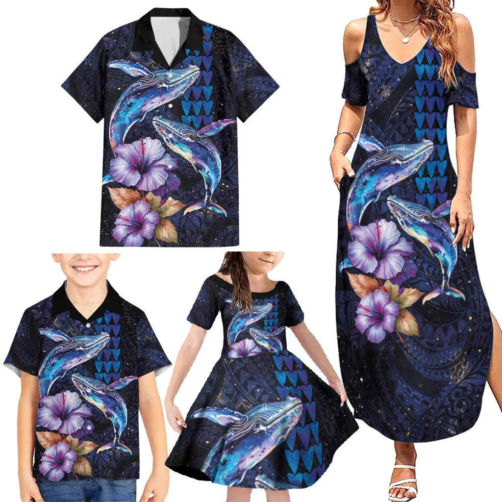 Hawaiian Whales Love Couple Family Matching Summer Maxi Dress and Hawaiian Shirt Hibiscus and Kakau Art Tattoo Night Sky Vibe
