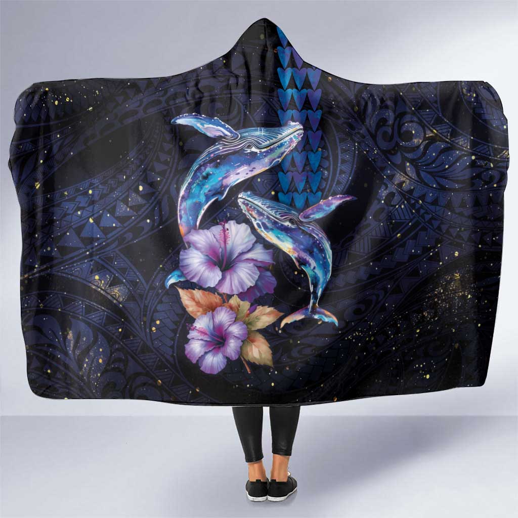 Hawaiian Whales Love Couple Hooded Blanket Hibiscus and Kakau Art Tattoo Night Sky Vibe