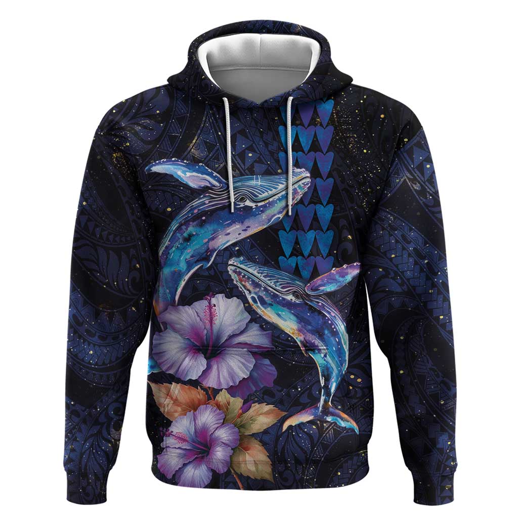 Hawaiian Whales Love Couple Hoodie Hibiscus and Kakau Art Tattoo Night Sky Vibe