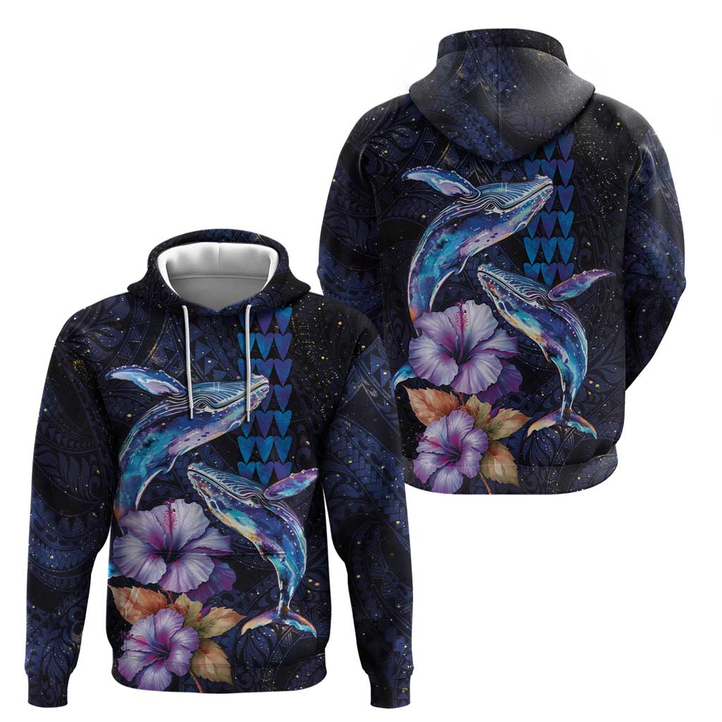 Hawaiian Whales Love Couple Hoodie Hibiscus and Kakau Art Tattoo Night Sky Vibe
