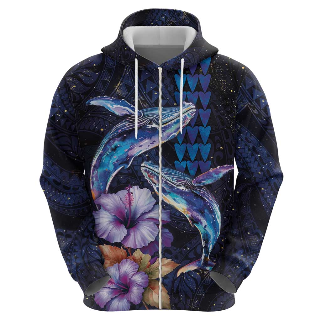 Hawaiian Whales Love Couple Hoodie Hibiscus and Kakau Art Tattoo Night Sky Vibe
