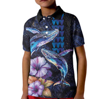 Hawaiian Whales Love Couple Kid Polo Shirt Hibiscus and Kakau Art Tattoo Night Sky Vibe LT03 Kid Navy - Polynesian Pride