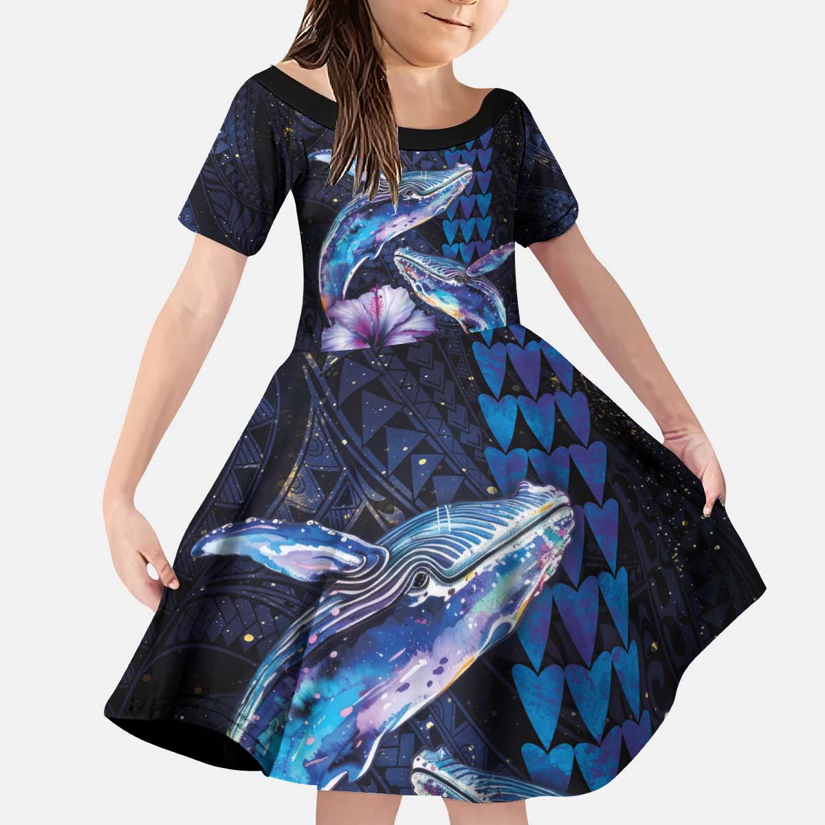 Hawaiian Whales Love Couple Kid Short Sleeve Dress Hibiscus and Kakau Art Tattoo Night Sky Vibe LT03 KID Navy - Polynesian Pride