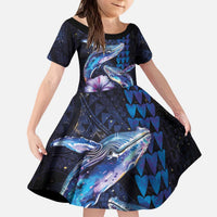 Hawaiian Whales Love Couple Kid Short Sleeve Dress Hibiscus and Kakau Art Tattoo Night Sky Vibe LT03 KID Navy - Polynesian Pride
