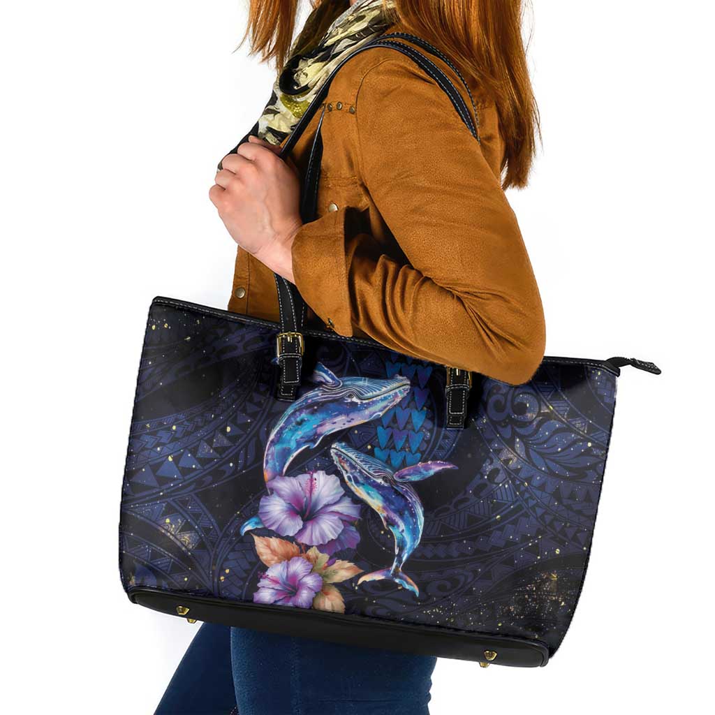 Hawaiian Whales Love Couple Leather Tote Bag Hibiscus and Kakau Art Tattoo Night Sky Vibe