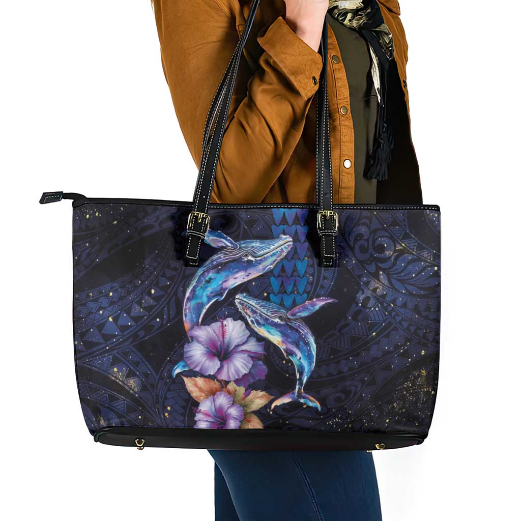 Hawaiian Whales Love Couple Leather Tote Bag Hibiscus and Kakau Art Tattoo Night Sky Vibe