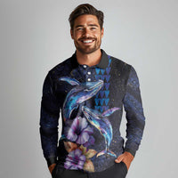 Hawaiian Whales Love Couple Long Sleeve Polo Shirt Hibiscus and Kakau Art Tattoo Night Sky Vibe LT03 - Polynesian Pride