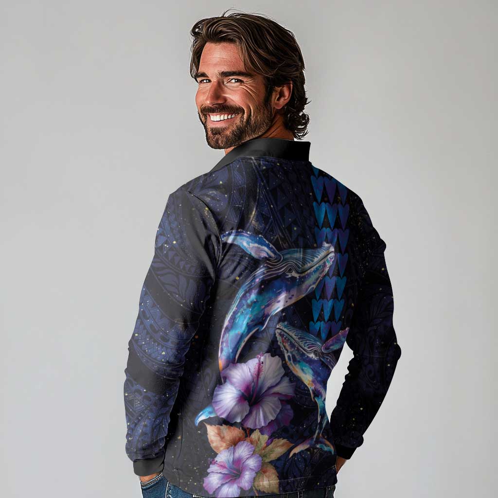 Hawaiian Whales Love Couple Long Sleeve Polo Shirt Hibiscus and Kakau Art Tattoo Night Sky Vibe LT03 - Polynesian Pride