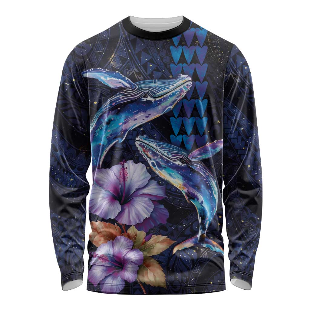 Hawaiian Whales Love Couple Long Sleeve Shirt Hibiscus and Kakau Art Tattoo Night Sky Vibe