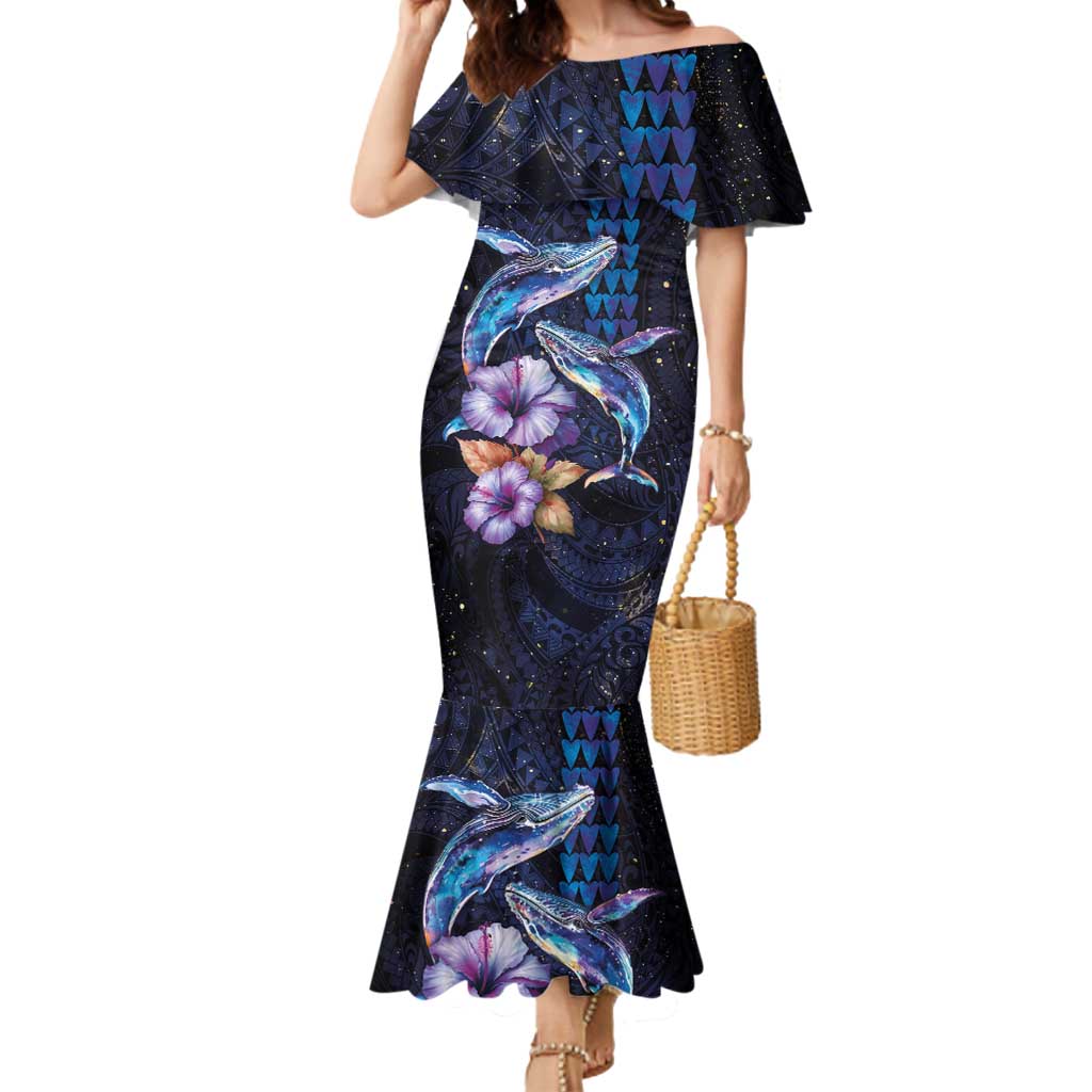 Hawaiian Whales Love Couple Mermaid Dress Hibiscus and Kakau Art Tattoo Night Sky Vibe