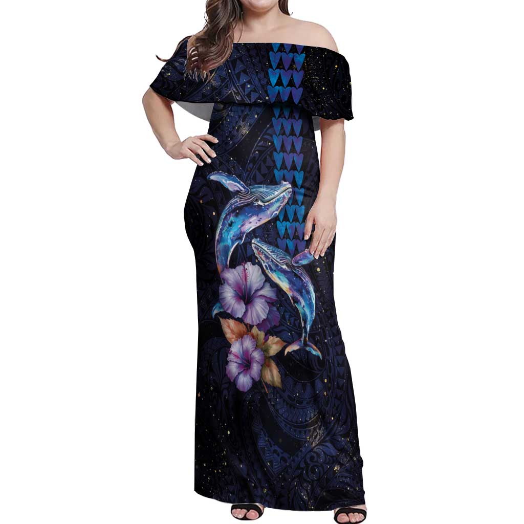 Hawaiian Whales Love Couple Off Shoulder Maxi Dress Hibiscus and Kakau Art Tattoo Night Sky Vibe LT03 Women Navy - Polynesian Pride