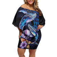 Hawaiian Whales Love Couple Off Shoulder Short Dress Hibiscus and Kakau Art Tattoo Night Sky Vibe LT03 Women Navy - Polynesian Pride