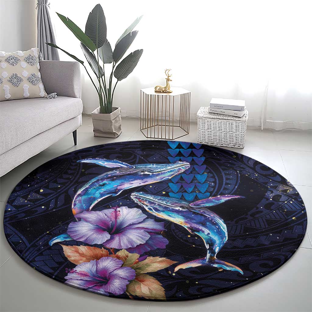 Hawaiian Whales Love Couple Round Carpet Hibiscus and Kakau Art Tattoo Night Sky Vibe LT03 - Polynesian Pride