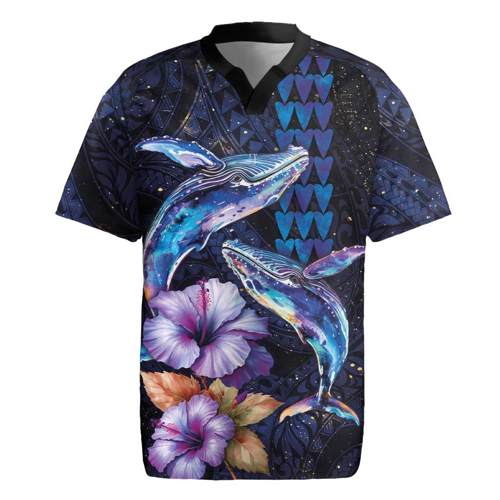 Hawaiian Whales Love Couple Rugby Jersey Hibiscus and Kakau Art Tattoo Night Sky Vibe